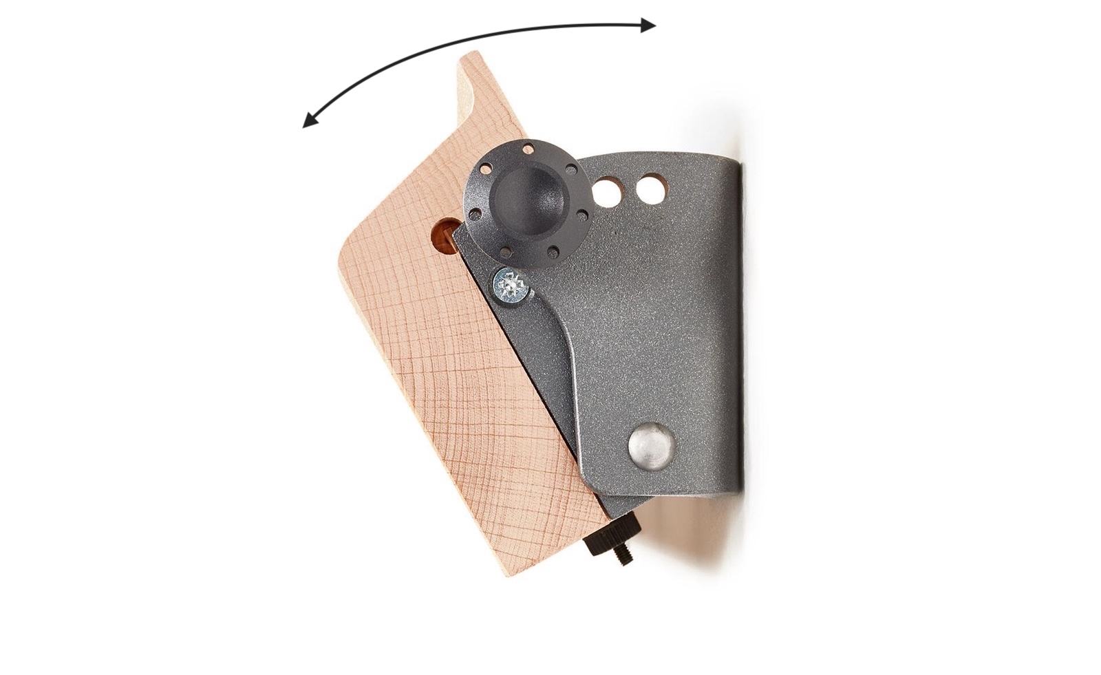 End-mount of the bäm! board with an arrow showing how the board rotates in its bracket to set the angle